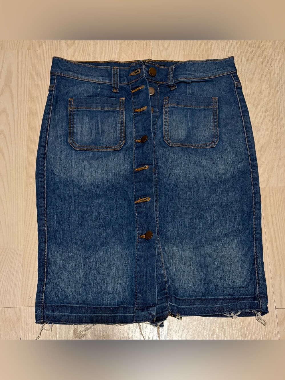 SP Black Label Denim Button Front Pencil Skirt Raw Hem Pockets Size M